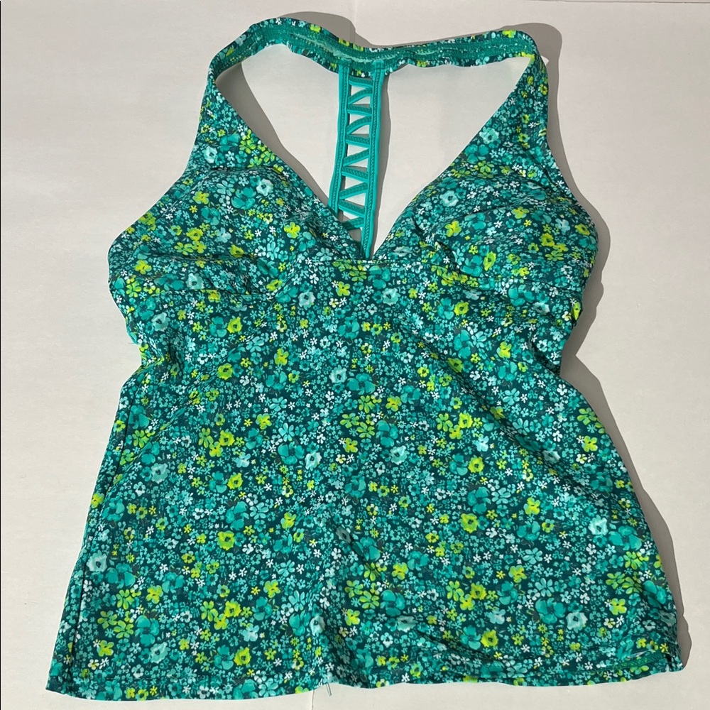 Athleta green floral patterned tankini top racerback design with cut-out small
